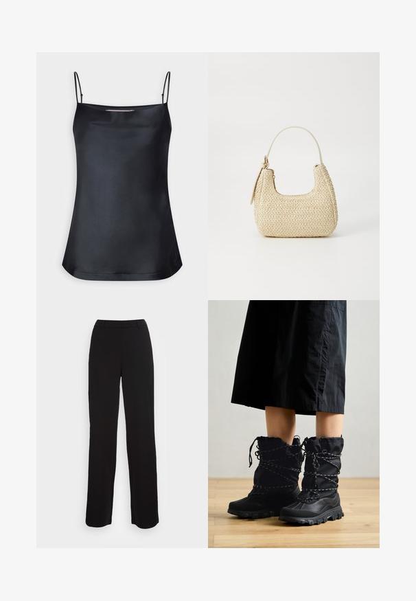 Juoda kamizola su cowl stiliumi ir plonais reguliuojamais petnešomis. Savybės: lygi medžiaga, laisvas siluetas ir paprastas dizainas be papuošimų.; Juodi kelnių su tiesiu pjūviu dizainu, lygiu paviršiumi ir prigludusia juosta. Yra priekiniai kišeniai ir minimalus siuvimo detalė.; Juodi žiemos batai su tekstūruotu paviršiumi, aukšta siluetu ir susiraukšlėta viršutine dalimi. Yra kontrastingos žalios raišteliai ir tvirti padai.; Aukšta pintinė rankinė iš šiaudų, šviesiai rudos spalvos, su išlenkta forma, trumpa rankena ir šoniniu užtrauktuku. Pasižymi tekstūruota paviršiumi ir minimalistiniu dizainu.