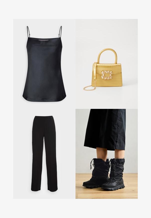 Melna kamzaka blūze ar kakla izgriezumu un plānām regulējamām siksniņām. Iespējamā gluda auduma, brīva piegriezuma un vienkārša dizaina bez rotājumiem.; Melnas bikses ar taisna kāju dizainu, gludu tekstūru un pieguļošu jostu. Iekļauj priekšējās kabatas un minimālu šuvju detalizāciju.; Melnas ziemas zābakus ar teksturētu virsmu, augstu siluetu un savelkamu augšu. Tiem ir kontrastējošas zaļas lentes un izturīgas zoles.; Dzeltena mākslīgā krokodila roku soma ar strukturētu dizainu, augšējo rokturi, noņemamu ķēdes siksniņu un dekoratīvām kristāla rotājumiem aizdares daļā.