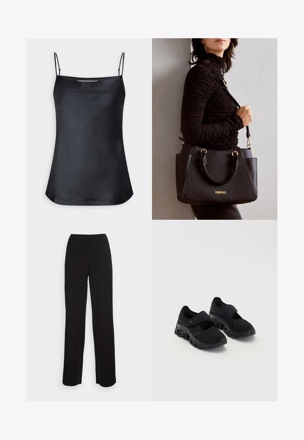 Mustka särk, millel on kätsefrees ja õhukesed reguleeritavad rihmad. Omab siledat kangast, lõdva istuvust ja lihtsat disaini ilma kaunistusteta.; Mustad mustad püksid sirge lõikega, sile tekstuur ja hästi istuv vöökoht. Omavad esi-taskuid ja minimaalset õmblusdetaili.; Mustad mustadraviksed, millel on võrkmaterjalist pealispind, kindel rihm üle jala, paks tallaga, millel on ümarad väljalõiked, ning tekstuuriga detailid külgedel.; Musthave must kott, millel on tekstuurne pind, kaks ülemist käepidet ja reguleeritav õlarihm. Omab kuldse tooni riistu ja külgtaskuid.