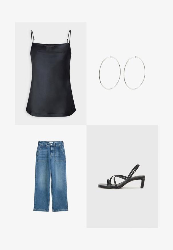 Melna kamzaka blūze ar kakla izgriezumu un plānām regulējamām siksniņām. Iespējamā gluda auduma, brīva piegriezuma un vienkārša dizaina bez rotājumiem.; Augstās jostas vietas, plaša kāju zilu denima džinsi ar priekšējiem kabatām, jostas cilpām un priekšējo pogu un rāvējslēdzēju.; Melnas strappy sandales ar kvadrātveida purngaliem un zemu bloku papēdi. Ievērojamas ar vairākiem plāniem siksniņām un regulējamu potītes siksniņu. Izgatavotas no gludas ādas.; Sudraba riņķa auskari ar gludu, apaļu dizainu un pulētu apdari. Tie ir plāni un viegli, ar vienkāršu aizdari.
