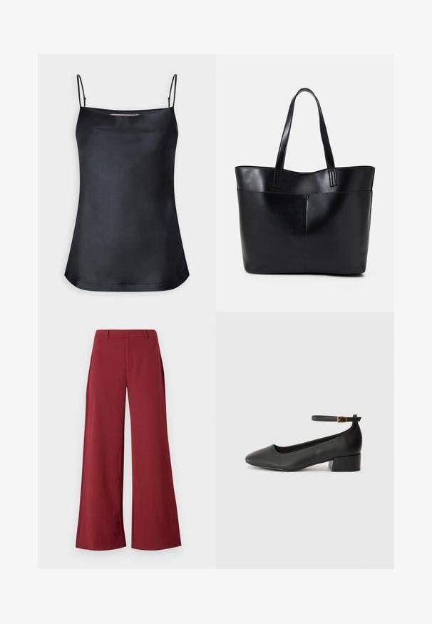 Camisola preta com decote em cowl e alças finas ajustáveis. Apresenta um tecido suave, corte relaxado e um design simples sem adornos.; Calças de perna larga numa cor bordeaux profunda. Feitas de um tecido liso e elástico, com costuras bem ajustadas e fecho de zip na frente.; Sandal de pele preta com bico pontiagudo e um salto bloco baixo. Apresenta uma tira no tornozelo com uma fivela em tom dourado. Textura suave.; Bolsa tote preta em couro com duas alças longas, textura suave e forma estruturada. Apresenta um bolso frontal para armazenamento adicional.