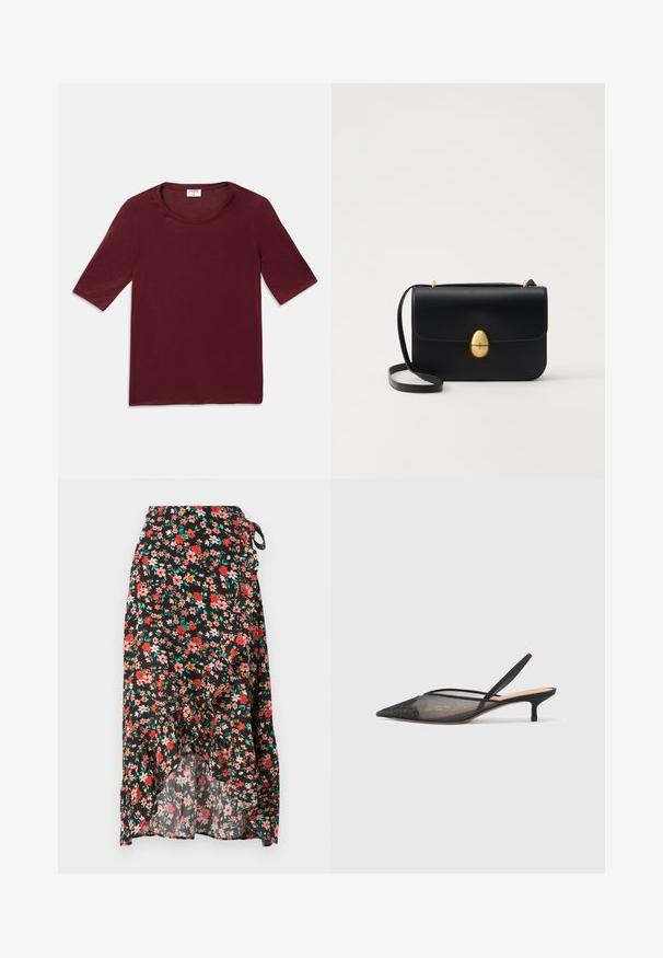 Sötét vörös, rövid ujjú póló, kerek nyakú, fehér háttéren lefektetve.; Virágos rakott szoknya fekete háttérrel, piros és rózsaszín virágokkal, fodros szegéllyel, állítható derékmegkötővel és könnyű anyaggal.; NEOUS IRENA - Klasszikus sarkú cipők - black; Fekete bőr kézitáska, struktúrált, téglalap alakú formával. Arany ovális kapoccsal és vékony vállpánttal rendelkezik. Sima textúrájú.