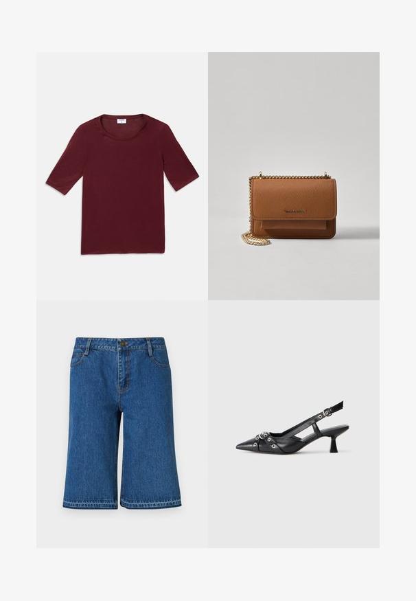 Solid dark red short-sleeve shirt with a round neckline, laid flat on a white background.; Blue denim shorts with a straight cut, featuring a waistband, five pockets, and subtle stitching details along the seams.; Black leather slingback shoe with a pointed toe, decorative straps featuring metal eyelets, and a low block heel. Textured surface.; Brown textured leather crossbody bag with gold chain strap and flap closure. Front features logo detail and a pocket under the flap.