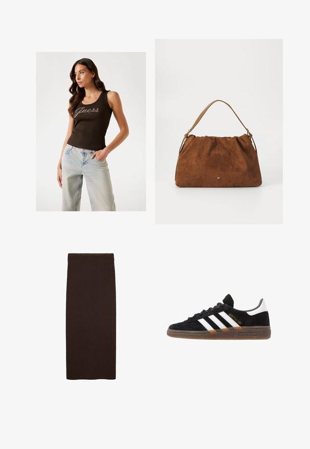Brązowy, prążkowany top na ramiączkach z logo "Guess" w srebrnych zdobieniach, w połączeniu z jasnoniebieskimi szerokimi spodniami dżinsowymi.; Brąskowa midi spódnica dzianinowa o dopasowanym kroju, gładkiej fakturze, bez widocznych wzorów, o prostym, czystym designie, bez ozdób.; Czarny sneaker Adidas z białymi paskami, złotym napisem "Spezial", gumową podeszwą i białym elementem przy pięcie, przedstawiony w widoku z profilu.; Brązowa torebka z zamszu o marszczonym wzorze, z pojedynczym paskiem w kolorze tan i subtelnym złotym logo z przodu.