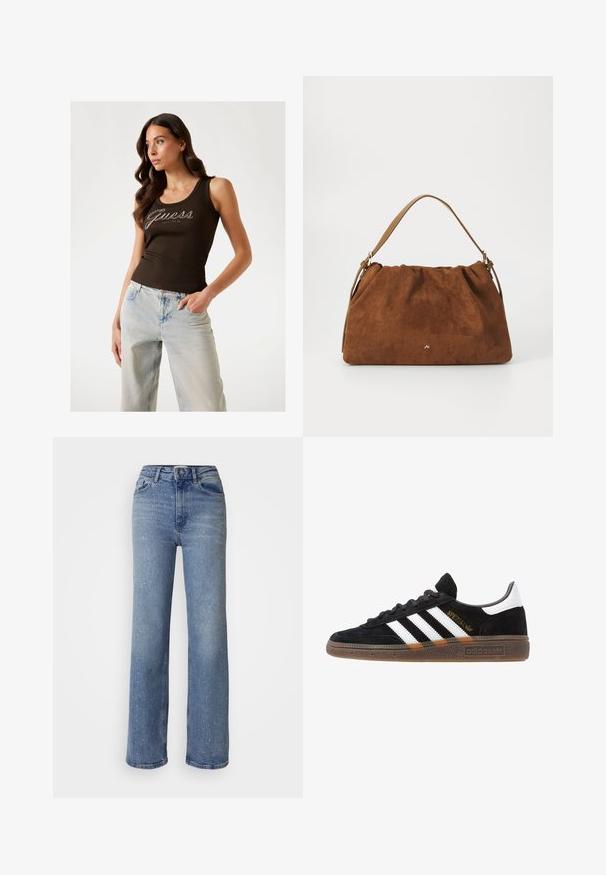Brūns ribots topiņš ar "Guess" logo sudraba rotājumiem, kombinēts ar gaiši ziliem platajiem džinsiem.; Gaiši zilas platās kājas džinsi, kas izgatavoti no denima, ar izkaisītām baltām rotājumiem, augstu jostasvietu un standarta piecu kabatu dizainu.; Melnas Adidas sporta kurpes ar baltām svītrām, zelta "Spezial" uzrakstu, gumijas zoli un baltu papēža daļu, attēlotas profila skatījumā.; Brūna zamšāda soma ar savilkšanas dizainu, kurai ir viena gaiši brūna ādas siksna un smalka zelta logo detaļa priekšpusē.