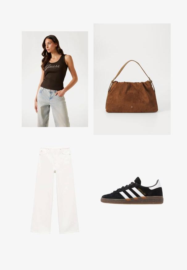 Top de damă din bumbac, de culoare maro, cu dungi și logo-ul "Guess" brodat cu sclipici argintiu, asociat cu blugi decolorati, cu talie înaltă și croi largs.; Jeansi albi cu talie înaltă, cu picioare largi, închidere prin buton frontal și fermoar, două buzunare frontale și bucle pentru curea.; Sneaker Adidas negre cu dungi albe, text aurit "Spezial", talpă din cauciuc și tab de călcare alb, prezentat din vedere laterală.; Geantă din suede maro cu un design plisat, având o curea din piele bej și un detaliu subtil cu logo auriu în partea din față.
