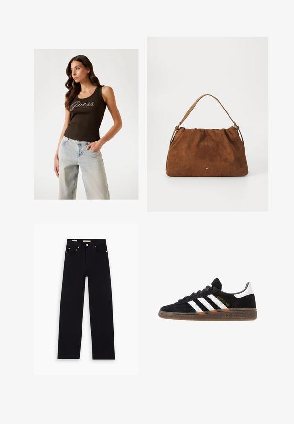 Pruun ribidega särk, millel on hõbedased "Guess" logo kaunistused, koos helesiniste laia säärega teksadega.; Must mustrakkidega mustad teksapüksid, otse lõikega, viie taskuga, vaskse riistvaraga ja sileda tekstuuriga. Kahel sildil on nähtav vöökoht.; Mustad must Adidas'i sneaker valgete triipudega, kuldse "Spezial" tekstiga, kummi tallaga ja valge kontsaga, kujutatud külgvaates.; Pruun nubukist käekott, millel on kokku tõmmatud disain, ühesaanvärvilise naha rihmaga ja esiküljel peen kuldne logo detail.