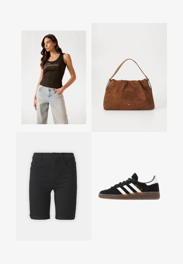 Top de damă din bumbac, de culoare maro, cu dungi și logo-ul "Guess" brodat cu sclipici argintiu, asociat cu blugi decolorati, cu talie înaltă și croi largs.; Şorturi din denim negru cu croială dreaptă, având tivuri rulate, buzunare frontale și închidere cu buton. Textură netedă și design minimalist.; Sneaker Adidas negre cu dungi albe, text aurit "Spezial", talpă din cauciuc și tab de călcare alb, prezentat din vedere laterală.; Geantă din suede maro cu un design plisat, având o curea din piele bej și un detaliu subtil cu logo auriu în partea din față.