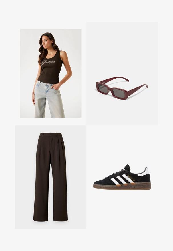 Braunes, geripptes Tanktop mit "Guess"-Logo in silbernen Verzierungen, kombiniert mit hellblauen, weit geschnittenen Jeans.; Dunkelbraune, hoch taillierte, weit geschnittene Hose mit Gürtelschlaufen, vorderen Falten und verdecktem Frontverschluss vor weißem Hintergrund.; Schwarzer Adidas Sneaker mit weißen Streifen, goldenem "Spezial"-Text, Gummisohle und weißem Fersenbereich, seitliche Ansicht.; Burgunderfarbene rechteckige Sonnenbrille mit dunklen Gläsern, dicken Fassungen und schmal zulaufenden Bügeln. Hergestellt aus glänzendem Kunststoff mit glatter Textur.