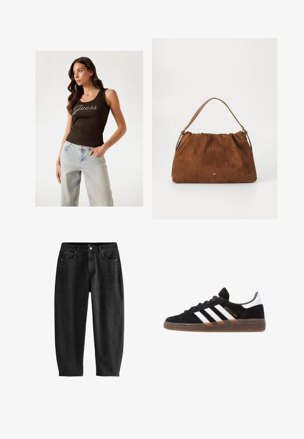 Barna bordázott ujjatlan felső, ezüst díszítéssel a "Guess" logóval, világoskék bő szárú farmerral párosítva.; Fekete vászon farmernadrág, laza szabással, klasszikus öt zsebes dizájnnal, gombos zipzárral és finom varrási részletekkel.; Fekete Adidas sneaker fehér csíkokkal, arany "Spezial" felirattal, gumitalppal és fehér saroktabbal, profil nézetben bemutatva.; Barna velúr kézitáska, gyűjtött kialakítással, egyetlen világosbarna bőrszíjjal és egy diszkrét arany logós részlettel az elején.