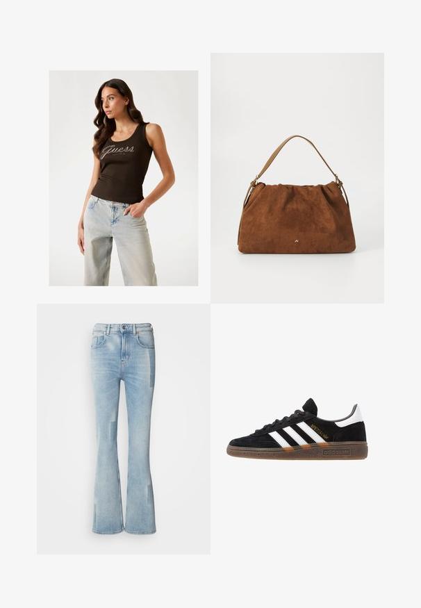 Brown ribbed tank top with "Guess" logo in silver embellishments, paired with light blue wide-leg jeans.; Scotch & Soda THE GLOW - Bootcut jeans - art from the heart; Black Adidas sneaker with white stripes, gold "Spezial" text, gum sole, and white heel tab, shown in profile view.; Brown suede handbag with a gathered design, featuring a single tan leather strap and a subtle gold logo detail on the front.