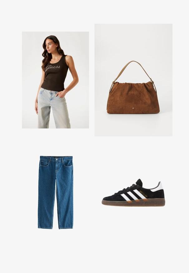 Top a righe marrone con logo "Guess" in dettagli argentati, abbinato a jeans a gamba larga blu chiaro.; Jeans in denim blu con un motivo a quadri. Presentano cinque tasche, una chiusura con zip e una vita con passanti per cintura standard. Vestibilità ampia, gamba dritta.; Sneaker Adidas nere con strisce bianche, testo "Spezial" dorato, suola in gomma e tab sul tallone bianco, mostrato in veduta laterale.; Borsa in suede marrone con un design arricciato, dotata di una singola tracolla in pelle beige e di un sottile logo dorato dettagliato sulla parte anteriore.