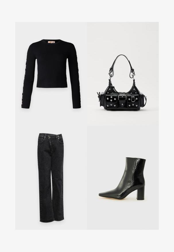 Ništa nije bilo moguće generisati.; Črne denim hlače s ravnim krojem, z gumbom za zapiranje, petimi žepi, subtilno teksturo in nesproščenimi robovi.; Črne gležnjarje iz sijoče usnje s koničastim nosom in masivnim kvadratnim peto. Imajo gladko teksturo in minimalističen dizajn.; Črna usnjena torbica s ukrivljenim dizajnom, ki vsebuje srebrne žebljičke, zaponko in dve stranski žepki. Nastavljiv trak za različne možnosti nošenja.