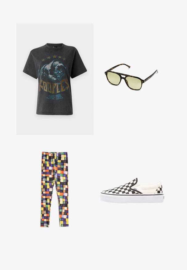 Sort kortærmet t-shirt med et stort grafisk motiv af en panter, stjerner ovenfor, og teksten "KOOPLE" med "SINCE 2013" i kontrastfarver.; Leggings med et flerfarvet ternet mønster i nuancer af gul, orange, grøn, lilla, sort og beige på en hvid baggrund.; Sort-hvide ternede slip-on Vans sko med overdel i lærred, gummisål og polstret krave. Flad, rund tå med hvide sål accenter.; Skildpaddemønstrede solbriller med rektangulær form, grønfarvede linser og mønstrede acetatstel. Har metaldetaljer nær linserne.; Mørk læderhåndtaske med to frontlommer, en central spænde og hardware i guldtoner. Glat tekstur med en buet silhuet.