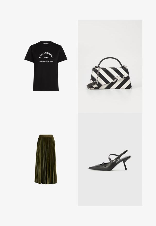 Black cotton t-shirt featuring white text: "KARL LAGERFELD PARIS 21 RUE ST-GUILLAUME." Classic crewneck design with short sleeves.; Olive green, midi-length pleated skirt with elastic waistband featuring subtle "JOOP!" logo, satin-like fabric, and a flowy silhouette.; Black leather slingback heels with a pointed toe, slender heel, and decorative buckle detail on the vamp. Smooth texture and sleek design.; Black and white striped handbag with a structured shape, featuring a top handle, a detachable chain strap, and metallic logo accent.