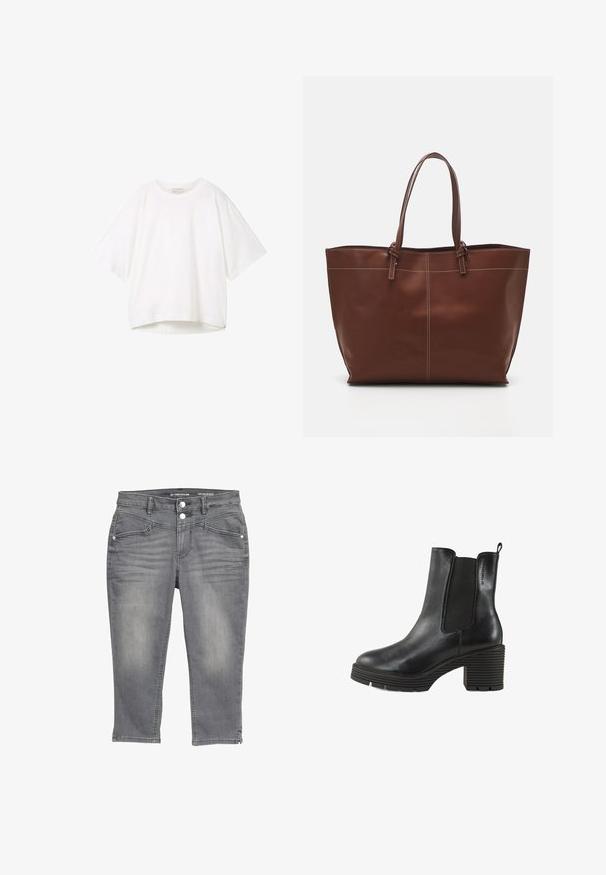 Balta trumpa rankovėmis marškinėliai su apvalia iškirpte, laisvu siluetu ir šiek tiek lenktu apvadu. Pagaminti iš lygaus, minkšto audinio su minimaliu siūlių skaičiumi.; TOM TAILOR TTKATE Capri - Prigludę džinsai - clean mid stone grey denim; Juoda odinė kulkšnė avalynė su elastinėmis šoninėmis dalimis, masyviu tekstūruotu kulnu ir traukimo kilpa. Apvalus pirštas ir išskirtinė riebi pasiūta pada.; Ruda odinės rankinės su dviem rankenomis, pasižymi kontrastingomis siūlėmis ir erdviu dizainu, tinkama kasdieniam naudojimui.