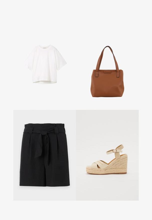 Biely krátky rukáv tričko s okrúhlym výstrihom, voľným strihom a mierne zakriveným lemom. Vyrobené z hladkej, mäkkej tkaniny s minimálnymi švami.; Čierne upravené šortky s vysokým pásom, so zaviazaným opaskom, záhybmi a hladkou textúrou látky.; Beige šľapky na wedge s pleteným jútovým stredom a dizajnom prekrížených remienkov. Remienok okolo členku s prackou. Viditeľné logo "Tom Tailor".; Hnedá kožená taška cez rameno s dvoma pevným uchami, s textúrovaným povrchom a kontrastným čiernym prešívaním. Jednoduchý obdĺžnikový tvar.