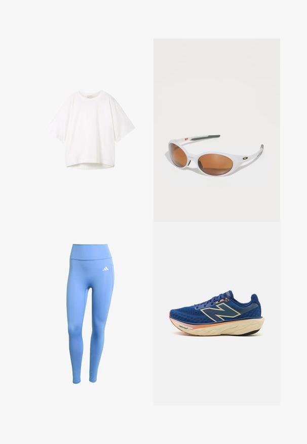 Witte t-shirt met korte mouwen, ronde halslijn, ontspannen pasvorm en een licht gebogen zoom. Gemaakt van soepele, zachte stof met minimale naden.; Blauwe sportleggingen van rekbaar materiaal. Hoog getailleerd ontwerp, met een witte Adidas-logo aan de linkerkant. Glad textuur.; Blauwe hardloopschoen met een ademende bovenkant van mesh, een gevoerd kraagje en een gevoerde zool met een oranje accent. "Fresh Foam" merk zichtbaar.; Witte zonnebril met bruine lenzen, ovale vorm, gemaakt van glad plastic, met grijze accenten op de armen en een logo op het montuur.