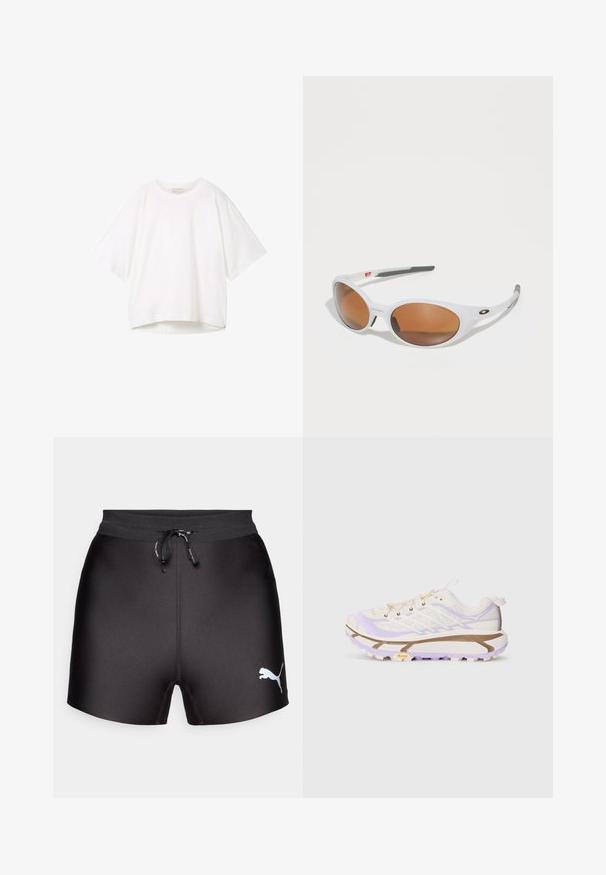 T-shirt bianco a maniche corte con scollo rotondo, vestibilità comoda e orlo leggermente curvo. Realizzato in un tessuto liscio e morbido con cuciture minime.; Shorts sportivi neri con una texture liscia, vita elastica, cordoncino e un logo Puma bianco sul lato destro.; Scarpe da corsa leggere con una tomaia in rete color crema e lavanda, suola in gomma rinforzata e scanalature distintive per una migliore trazione.; Occhiali da sole bianchi con lenti marroni, forma ovale, realizzati in plastica liscia, con dettagli grigi sulle aste e un logo sulla montatura.; Bandana blu navy con motivi a paisley e a pois bianchi, bordato con dettagli intricati bianchi. Tessuto morbido con forma quadrata.