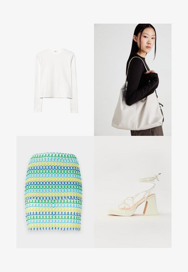 Bela dolga majica z dolgimi rokavi iz bombaža s krožnim izrezom, skrajšana zasnova, gladka tekstura in minimalističen videz. Brez vidnih logotipov ali vzorcev.; Mini krilo iz tkanine z vodoravnimi črtami v modri, zeleni in rumeni barvi. Oblikovanje ima teksturiran, tkani videz s plastehnim učinkom.; Bela sandala na visokih petah s debelim petam, ki ima obliko trakcev in vezanje okoli gležnja. Gladka tekstura z platformo spredaj za dodatno višino.; Bežna torbica iz mehkega materiala, z ohlapno zasnovo, šivi in dvema naramnicama. Primerna za vsakodnevno uporabo.
