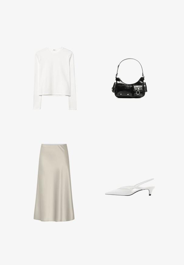 Bela dolga majica z dolgimi rokavi iz bombaža s krožnim izrezom, skrajšana zasnova, gladka tekstura in minimalističen videz. Brez vidnih logotipov ali vzorcev.; Kratka A-linijska krila do kolen v mehki bež tkanini, ki se ponaša s gladko teksturo in preprostim, brez okrasnim dizajnom ter elastičnim pasom.; Bela slingback peta z ošiljenim nosom, z gladkim zgornjim delom, subtilnimi izrezi in nizkim blok petkom. Črna podplat poudarja dizajn.; Črna lakasta usnjena torbica s ukrivljeno obliko, enim ramenskim trakom, sprednjimi žepi in srebrnimi kovinskimi dodatki.