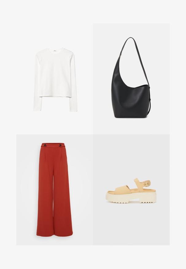 Biała bawełniana bluzka z długim rękawem, okrągłym dekoltem, krótka, o gładkiej fakturze i minimalistycznym wyglądzie. Bez widocznych logo czy wzorów.; Spodnie o szerokich nogawkach z głębokiego czerwono-pomarańczowego materiału. Posiadają dwa fałdy z przodu oraz dwa guziki w pasie. Gładka tekstura, swobodny fason.; Żółte sandały z sztucznej skóry z masywną białą platformą. Posiadają dwa szerokie paski oraz regulowany pasek na kostce z metalową klamrą.; Czarna skórzana torba hobo o gładkiej fakturze, zaokrąglonym kształcie i pojedynczym, regulowanym pasku; posiada szerokie otwarcie na górze.