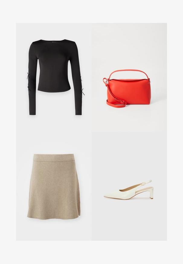 Camisola preta de manga longa com um decote redondo. Apresenta laços ajustáveis nas mangas, confecionada em um tecido liso e elástico.; Saia bege feita de um tecido suave, design em A, apresenta uma textura subtil e uma bainha reta. Cor sólida sem padrões ou detalhes visíveis.; Sapato slingback de couro branco envernizado com bico fino e um salto baixo em bloco. Apresenta uma tira subtil com um detalhe de fivela em tom dourado.; Bolsa de mão em couro vermelho com uma textura suave, apresentando uma forma retangular, uma alça curta na parte superior e uma alça de ombro destacável.