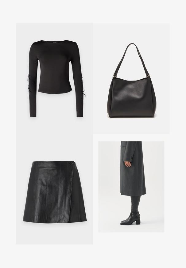 Črni dolg rokav s krožnim izrezom. Ima nastavljive zavezave na rokavih, izdelan iz gladkega, elastičnega materiala.; Črna mini krilo iz umetnega usnja z zavitim sprednjim delom, zavarovanim z gumbom na desni strani, gladka tekstura in rahla sijajnost.; Siv prešita zimska plašča ravnega kroja; obuta z visokimi črnimi usnjenimi škornji, ki imajo kvadratni nos in debel pet.; Črna sintetična usnjena torbica z mehko teksturo, hobo oblika in dvojni naramnici; ima sijajni zaključek in minimalističen dizajn.
