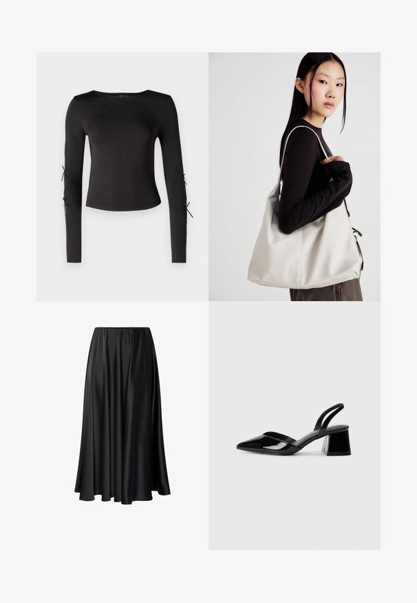 Črni dolg rokav s krožnim izrezom. Ima nastavljive zavezave na rokavih, izdelan iz gladkega, elastičnega materiala.; Črna maksi krila iz gladkega materiala, ki ima elastičen pas, polno silhueto in tekoč rob brez vidnih vzorcev ali podrobnosti.; Črne lakirane slingback pete s koničastim nosom in geometrijsko blokasto peto. Imajo eleganten, minimalističen dizajn in gladko teksturo.; Bežna torbica iz mehkega materiala, z ohlapno zasnovo, šivi in dvema naramnicama. Primerna za vsakodnevno uporabo.
