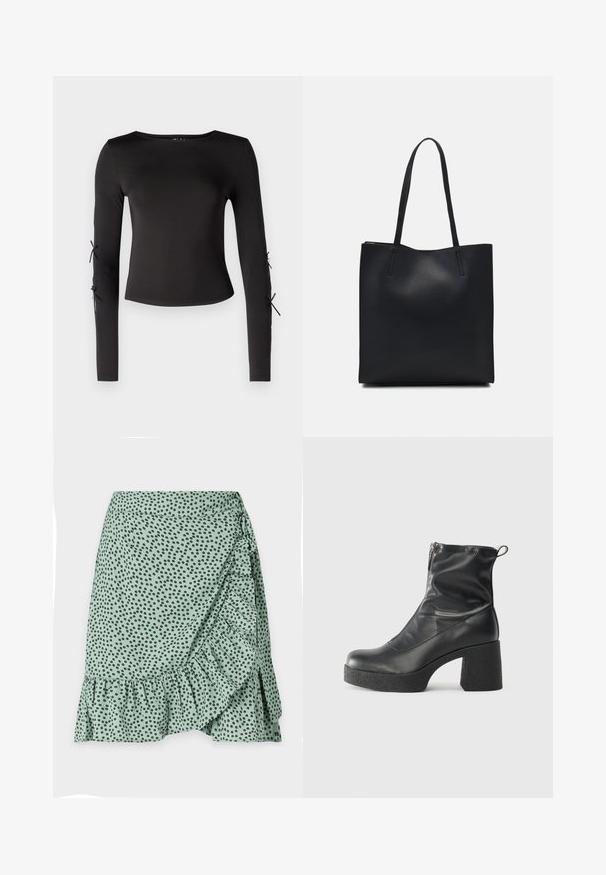 Top negro de manga larga con un escote redondo. Cuenta con lazos ajustables en las mangas, fabricado con una tela suave y elástica.; Falda de tela verde con un patrón de lunares negros, dobladillo con volantes y diseño envolvente lateral. Textura suave y material ligero.; Botines negros de tobillo, hechos de cuero suave, con cierre lateral, tacón grueso texturizado y diseño de punta redondeada.; Bolso tote de cuero negro con textura lisa, forma rectangular y dos asas largas. Sin herrajes ni adornos visibles.