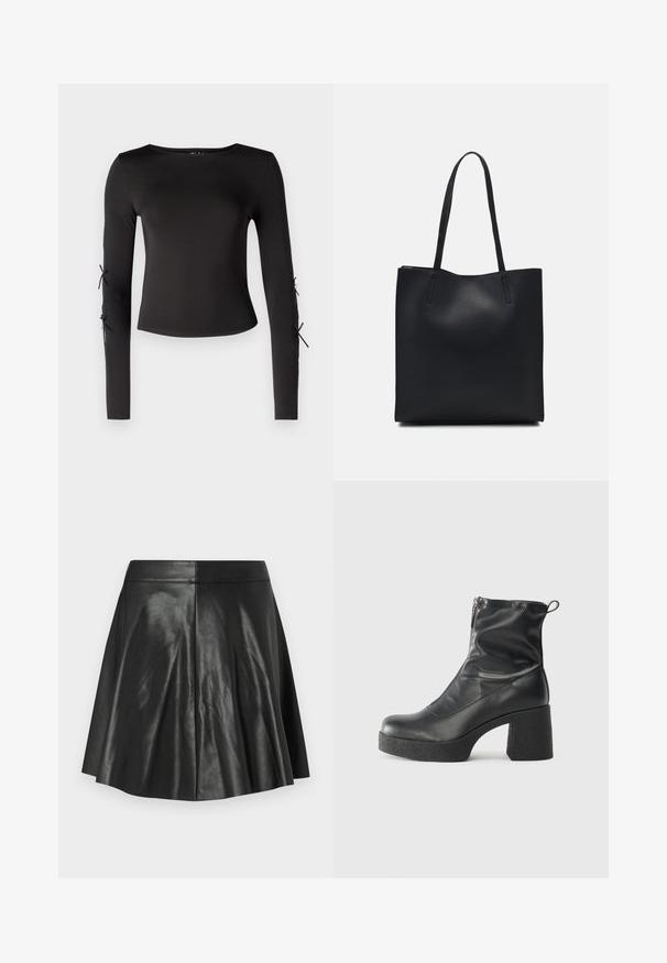 Top noir à manches longues avec un col rond. Présente des liens ajustables aux manches, fabriqué dans un tissu lisse et extensible.; Jupe évasée en simili cuir noire avec des surpiqûres et une taille ajustée sur un fond clair.; Bottes noires à la cheville en cuir lisse, dotées d'une fermeture éclair sur le côté, d'un talon épais texturé et d'une conception à bout rond.; Sac fourre-tout en cuir noir avec une texture lisse, de forme rectangulaire et deux longues poignées. Pas de matériel ou d'ornementations visibles.