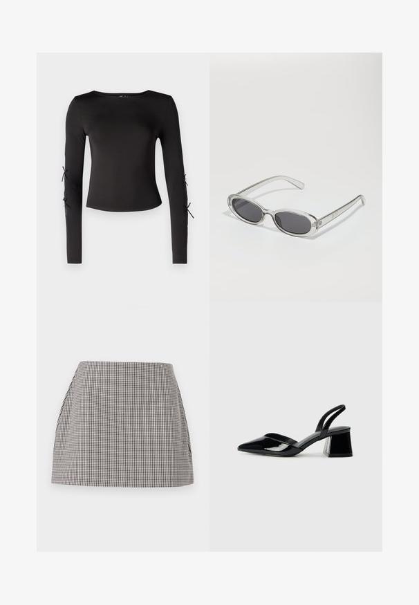 Black long-sleeve top with a round neckline. Features adjustable ties at the sleeves, crafted from a smooth, stretchy fabric.; Black and white gingham skirt with a straight cut, pleated sides, and a smooth texture. The fabric features a small check pattern.; Black patent leather slingback heels with a pointed toe and a geometric block heel. Features a sleek, minimal design and smooth texture.; Sunglasses with an oval shape, clear plastic frame, dark gray lenses, and thin transparent arms featuring logo accents and minimal detailing.
