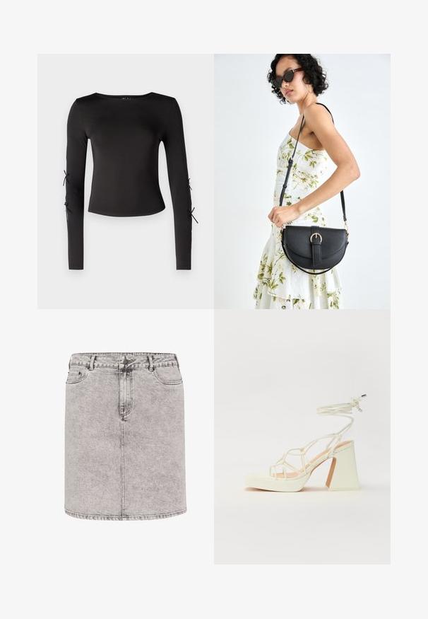 Črni dolg rokav s krožnim izrezom. Ima nastavljive zavezave na rokavih, izdelan iz gladkega, elastičnega materiala.; Jeans krilo v svetlo sivi barvi, s svinčnikom obliko, sprednjimi žepi in vidnimi šivi. Material ima rahlo teksturirano površino.; Bela sandala na visokih petah s debelim petam, ki ima obliko trakcev in vezanje okoli gležnja. Gladka tekstura z platformo spredaj za dodatno višino.; Črna usnjena torbica s ukrivljeno obliko, z odstranljivo naramnico in zlatimi dodatki. Torbica ima pokrov s podrobnostmi v obliki zaponke.