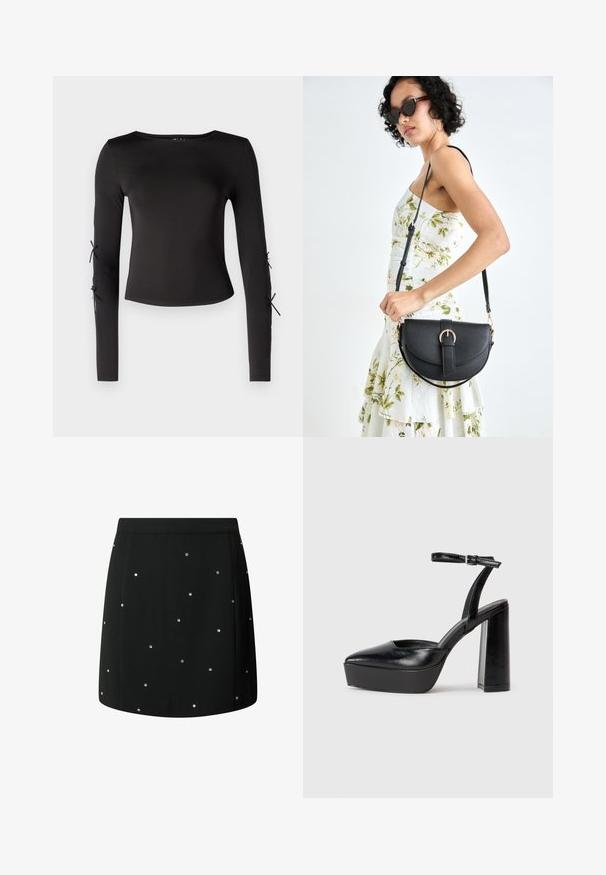 Čierny top s dlhými rukávmi a okrúhlym výstrihom. Obsahuje nastaviteľné viazania na rukávoch, vyrobený z hladkej, elastickej tkaniny.; Čierna sukňa vyrobená z látky s hladkou textúrou, s rozptýlenými striebornými cvočkami ako akcentmi. Priamy strih s čistým okrajom.; Čierne platformové podpätky so špicatou špičkou a nastaviteľným členkovým remienkom. Vyrobené z hladkej kože a so robustným blokovým podpätkom.; Čierna kožená kabelka s zaobleným tvarom, odnímateľným popruhom a zlatými doplnkami. Kabelka má klopu s detailom s prackou.