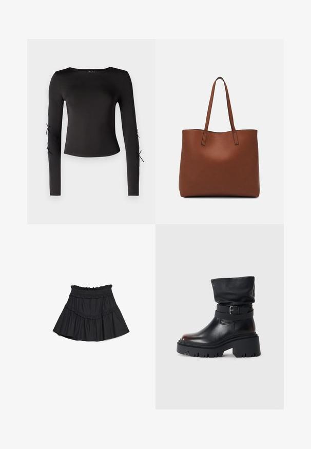 Melna, garām piedurknēm, blūze ar apaļu kakla izgriezumu. Piedurknēm ir regulējami sasiešanas mezgli, izgatavota no gludas, elastīgas auduma.; Melna, līmeņota mini svārki, izgatavoti no mīksta auduma ar krāšņiem akcentiem ap vidukli un apakšu, piedāvājot izplestu dizainu un elastīgu jostu.; Melnas ādas potītes zābaki ar vaļīgu augšdaļu, sprādzi, un biezu, izturīgu zoli. Iezīmē apaļu purngalu un gludu tekstūru.; Brūna ādas iepirkumu soma ar gludu tekstūru, atvērta augšdaļa un divas plecu siksnas. Izceļas ar minimālām šuvēm un redzamu aparatūru nav.