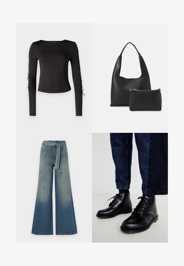 Fekete, hosszúujjú felső kerek nyakkivágással. Az ujjaknál állítható kötőkkel készült, sima, rugalmas anyagból.; Bőszárú farmernadrág, világos és sötétkék árnyalatokkal, magas derekú, övgyűrűkkel és a nadrággal megegyező anyagú övvel. Textúrált farmer kivitel.; Fekete bőr bokacsizma, kerek orral, fűzős kialakítással és fém fűzőlyukakkal. Sötétkék farmernadrággal viselve, amely egyenes szabású.; Even&Odd Kézitáska - black