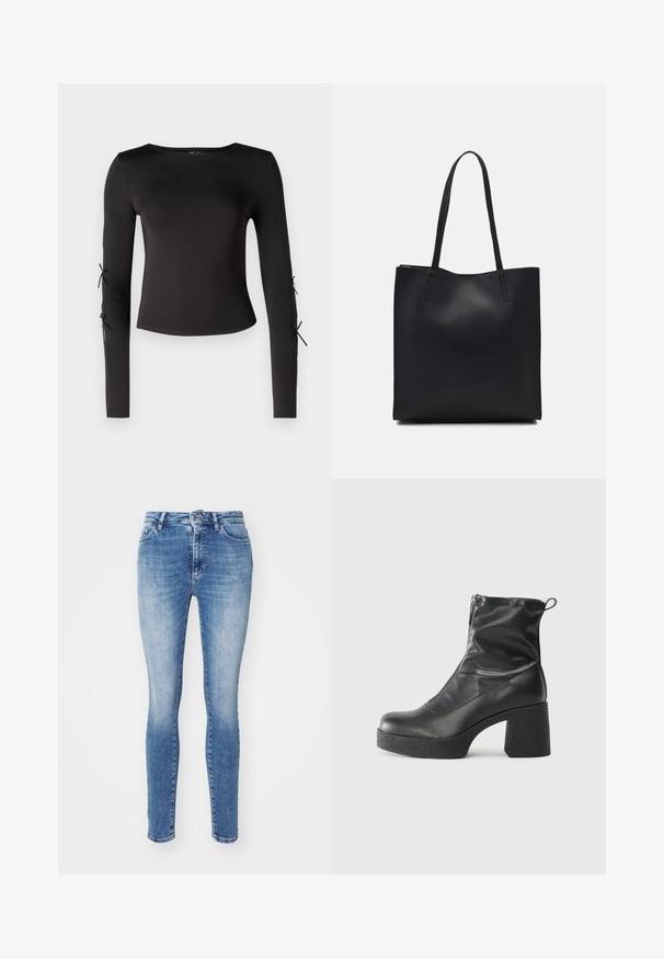 Črni dolg rokav s krožnim izrezom. Ima nastavljive zavezave na rokavih, izdelan iz gladkega, elastičnega materiala.; Hlače skinny v svetlo modrem denimu, z klasičnim pet-pocket dizajnom, gumbom za zapiranje in rahlim zbledelostjo na stegnah za teksturo.; Črne gležnjarje iz gladke kože z božnim zadrgo, masivnim teksturiranim peto in zaobljeno obliko prstov.; Črna usnjena torba s svilnato teksturo, pravokotne oblike in dvema dolgima ročajema. Brez vidnih metalnih delov ali okrasnih elementov.