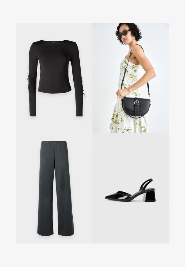 Melna, garām piedurknēm, blūze ar apaļu kakla izgriezumu. Piedurknēm ir regulējami sasiešanas mezgli, izgatavota no gludas, elastīgas auduma.; Platas kājas bikses tumši pelēkā tvidā. Iezīmes: sānu šķēlumi apakšmalā un elastīgs jostasvīrs, nodrošinot brīvu piegriezumu.; Melna lakota āda ar atvērto papēdi, ar smailu purngalu un ģeometrisku blokpapēdi. Iezīmējas elegants, minimāls dizains un gluda tekstūra.; Melnas ādas rokassoma ar izliekta formu, noņemamu siksnu un zelta aksesuāriem. Somai ir vāciņš ar sprādzes detaļu.