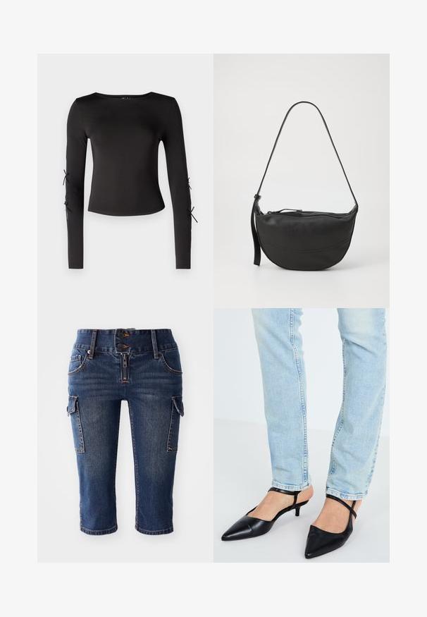 Top noir à manches longues avec un col rond. Présente des liens ajustables aux manches, fabriqué dans un tissu lisse et extensible.; Pantalons capri en denim avec un délavage bleu foncé, deux poches cargo latérales et une braguette à double bouton avec fermeture zip. Design classique à cinq poches.; Escarpins à talons kitten bas en cuir noir, à bout pointu, avec une sangle autour de la cheville, associés à un jeans bleu clair.; Sac à bandoulière en cuir noir avec une forme incurvée, une seule bandoulière, une fermeture éclair et des détails de couture subtils le long du corps.; Trois pinces à cheveux : une pince grise translucide, une pince mouchetée bleu et blanc, et une pince à motifs rouge et vert, toutes avec une finition texturée.