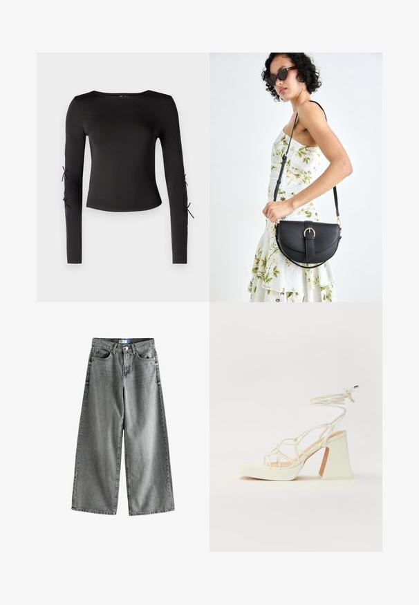 Černý dlouhý rukáv top s kulatým výstřihem. Má nastavitelné šňůrky na rukávech, vyrobený z hladké, elastické látky.; Džínové kalhoty s širokými nohavicemi v bledě šedém denimovém materiálu, s vysokým pasem, designem s pěti kapsami a jemnými detaily whiskering.; Bílé sandály na vysokém podpatku s robustním podpatkem, s designem s pásky a zavazováním kolem kotníku. Hladký povrch s platformou vpředu pro zvýšení výšky.; Černá kožená kabelka s křivkovým tvarem, odnímatelným popruhem a zlatými detaily. Kabelka má klopu s přezkou.