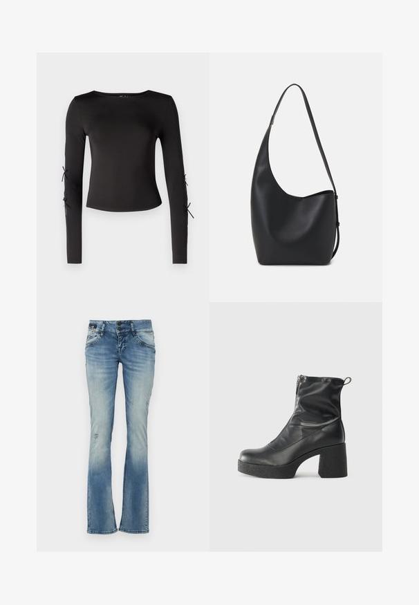 Juodas ilgomis rankovėmis marškinėliai su apvaliu iškirpimu. Savybės - reguliuojamos raišteliai ant rankovių, pagaminti iš lygaus, tamprios medžiagos.; Bleikuoti džinsai, pagaminti iš denimo, su išblukusia danga, turintys plokščias raukšles, nusidėvėjimo detales ir dvi priekines kišenes su siuvinėjimu.; Juodos kulkšninių botai, pagaminti iš lygaus odos, su šoniniu užtrauktuku, masyviu tekstūruotu kulnu ir apvaliu pirštu.; Juodas odinis hobo maišas su lygiu paviršiumi, kreipta forma ir viena reguliuojama rankena; turi platų atidarymą viršuje.