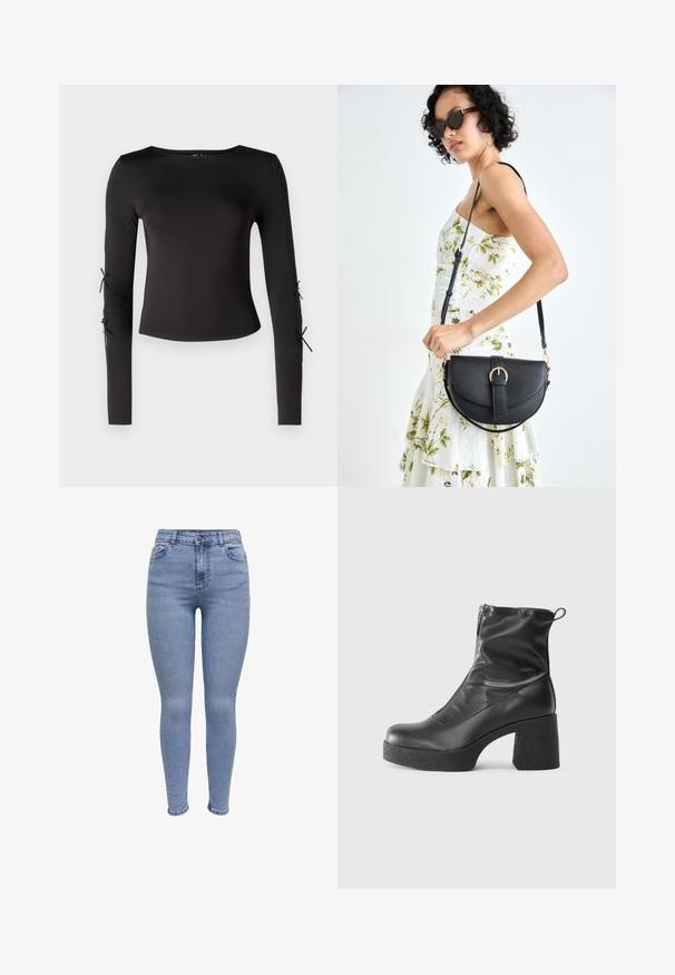 Črni dolg rokav s krožnim izrezom. Ima nastavljive zavezave na rokavih, izdelan iz gladkega, elastičnega materiala.; Prazne kavbojke v svetlo modrem denimu. Visok pas, pet žepni stil, sprednje zapiranje na gumb in subtilne podrobnosti zbledenja.; Črne gležnjarje iz gladke kože z božnim zadrgo, masivnim teksturiranim peto in zaobljeno obliko prstov.; Črna usnjena torbica s ukrivljeno obliko, z odstranljivo naramnico in zlatimi dodatki. Torbica ima pokrov s podrobnostmi v obliki zaponke.