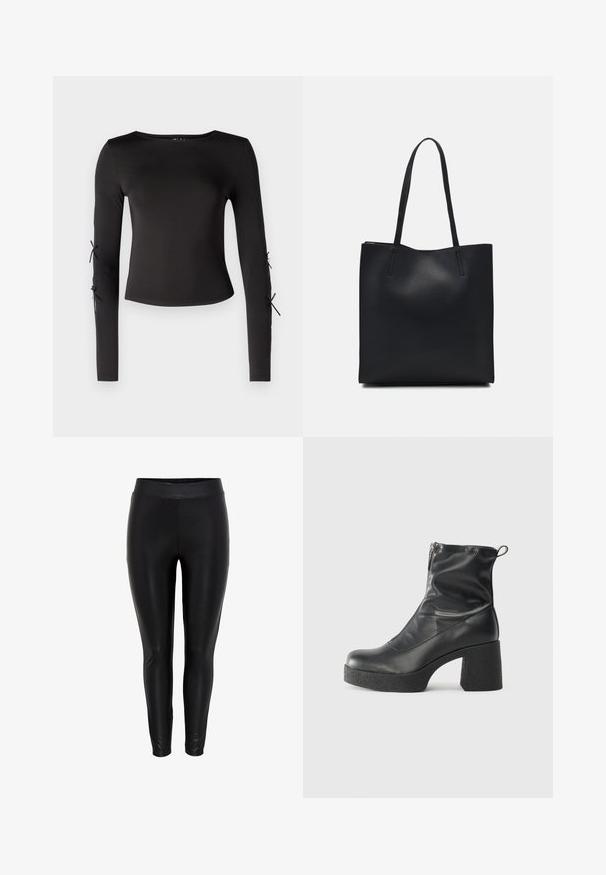 Must have pikkade varrukatega must topp ümmarguse kaelusega. Varukatel on reguleeritavad sidemed, valmistatud sujuvast ja venivast kangast.; Mustad leggings sileda, läikiva tekstuuriga, laia elastse vöökoha ja kitsaste sääretega, ulatudes pahkluuni.; Mustad mustad ansapüksid, mis on valmistatud siledast nahast, külje zipperiga, paksu tekstuuriga kontsaga ja ümmarguse nina disainiga.; Mustast nahast kott sujuva tekstuuriga, ristkülikukujuline ja kahe pika sangaga. Pole nähtavat riistvara ega kaunistusi.