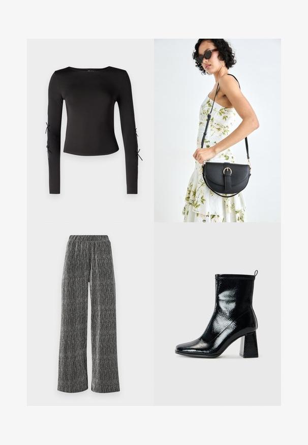 Fekete, hosszúujjú felső kerek nyakkivágással. Az ujjaknál állítható kötőkkel készült, sima, rugalmas anyagból.; Széles szárú nadrág texturált, fekete és ezüst anyagból, illeszkedő rugalmas derékkal és függőleges csíkos mintával.; Fekete lakk bokacsizma négyszögletű orral és vaskos geometrikus sarkakkal. Simára csiszolt, fényes felülettel rendelkezik, valamint hátsó húzófüllel a könnyű felhúzás érdekében.; Fekete bőrtáska ívelt formával, levehető pánttal és arany színű fémrészekkel. A táskán egy csattal díszített fedél található.