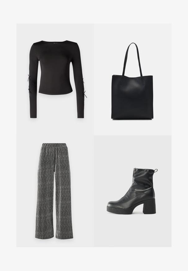 Black long-sleeve top with a round neckline. Features adjustable ties at the sleeves, crafted from a smooth, stretchy fabric.; Wide-leg trousers in a textured, black and silver material with a fitted elastic waistband and vertical striped pattern.; Black ankle boots made of smooth leather, featuring a side zipper, chunky textured heel, and rounded toe design.; Black leather tote bag with smooth texture, rectangular shape, and two long handles. No visible hardware or embellishments.