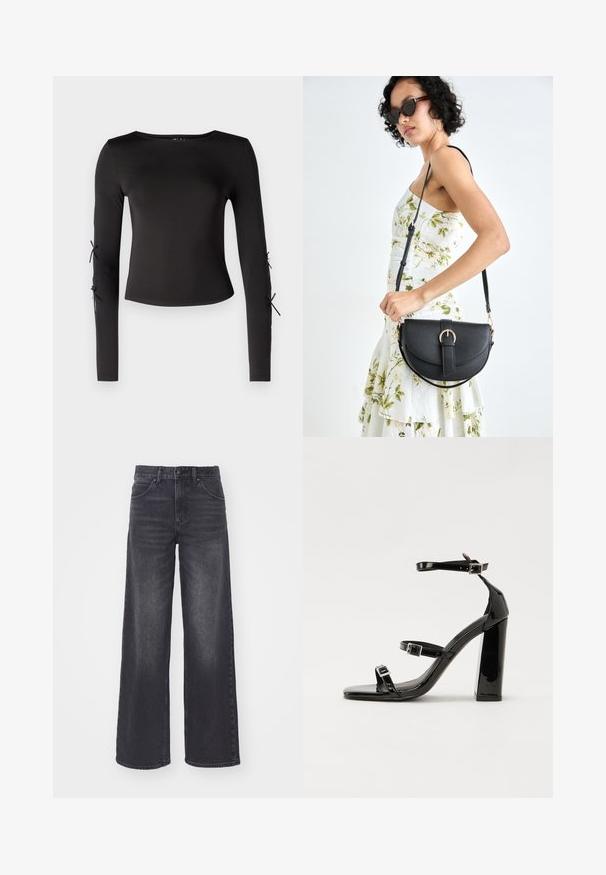 Svart langermet topp med rund hals. Har justerbare strømper ved ermene, laget av et glatt, strekkbart stoff.; Mørkegrå vid-bein jeans laget av denim, med høy midje, fem-lomme design og subtile slitasjedetaljer foran.; Svart høyglans sandaler med hæl, firkantet tå, ankelremmer og sølvspenner. Har en kraftig blokkhæl for stabilitet.; Svart lærveske med en buet form, avtagbar stropp og gullbeslag. Vesken har et klaff med spenne-detall.