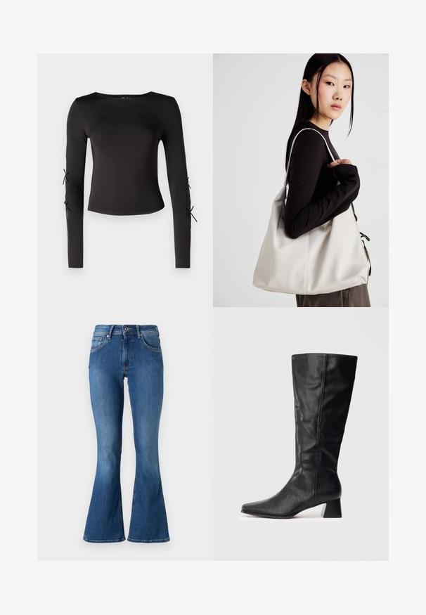 Černý dlouhý rukáv top s kulatým výstřihem. Má nastavitelné šňůrky na rukávech, vyrobený z hladké, elastické látky.; Modré džínové kalhoty s rozšířenými nohavicemi a středním pasem, které mají pět kapes, zapínání na knoflík a jemné vyblednutí podél nohou.; Černá kožená botka do poloviny lýtek s špičatou špičkou a blokovým podpatkem na jednoduchém světlém pozadí.; Beige kabelka vyrobená z měkkého materiálu, s volným designem, prošívanými detaily a dvěma ramenními popruhy. Vhodná pro každodenní použití.