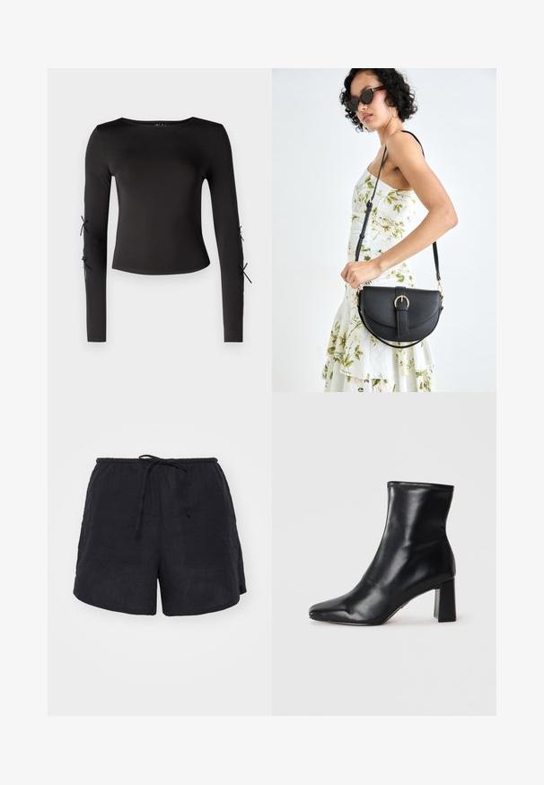 Camisola preta de manga longa com um decote redondo. Apresenta laços ajustáveis nas mangas, confecionada em um tecido liso e elástico.; Gina Tricot RELAXED BLEND - Calções - black; Bota de tornozelo em couro preto com bico pontudo e um salto quadrado estruturado. Textura suave com um design elegante e minimalista.; Bolsa de couro preta com forma curva, alça destacável e detalhes em dourado. A bolsa possui uma aba com detalhe de fivela.