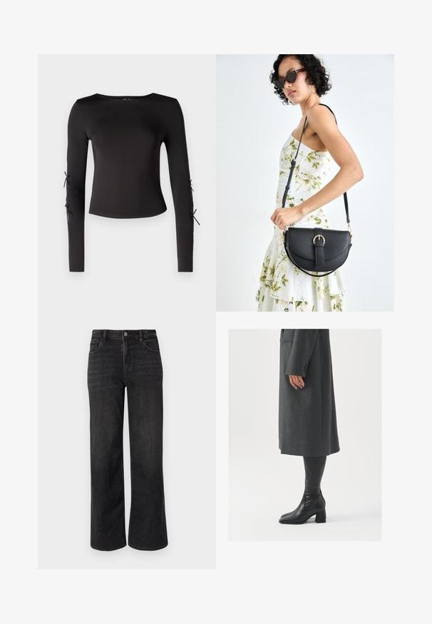 Camisola preta de manga longa com um decote redondo. Apresenta laços ajustáveis nas mangas, confecionada em um tecido liso e elástico.; Jeans de ganga pretos de perna larga com um corte clássico, apresentando fecho de zipper, botão de fecho e design de cinco bolsos. Detalhes de desvanecimento e costura subtis.; Casaco cinza, ajustado, com corte reto; combinado com botas de couro pretas até ao joelho, com biqueira quadrada e salto grosso.; Bolsa de couro preta com forma curva, alça destacável e detalhes em dourado. A bolsa possui uma aba com detalhe de fivela.