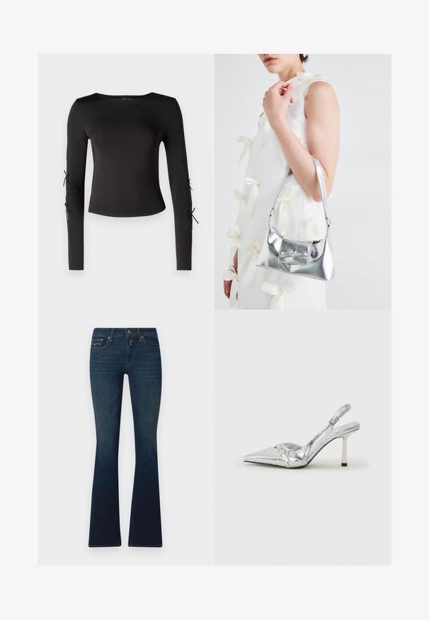 Black long-sleeve top with a round neckline. Features adjustable ties at the sleeves, crafted from a smooth, stretchy fabric.; Dark blue flared jeans made from denim, featuring a waistband with a front button, angled pockets, and subtle stitching detail.; Silver slingback high heel shoe with a pointed toe, metallic finish, two decorative straps, and a slender heel with a black tip.; Silver metallic handbag with a structured shape, featuring a top handle and bow detail on the front. Smooth texture, reflective finish.
